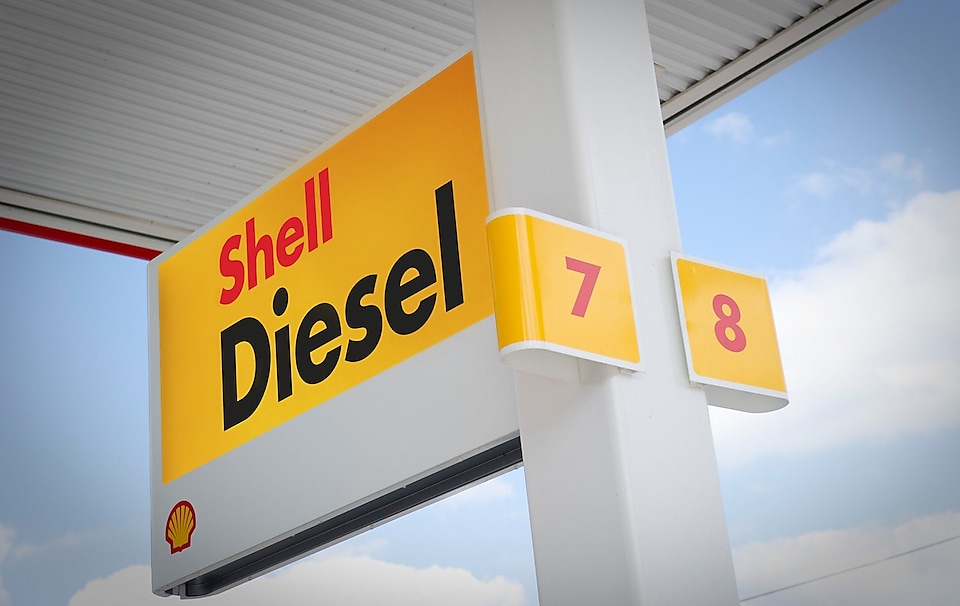 Shell diesel sign at fuel station